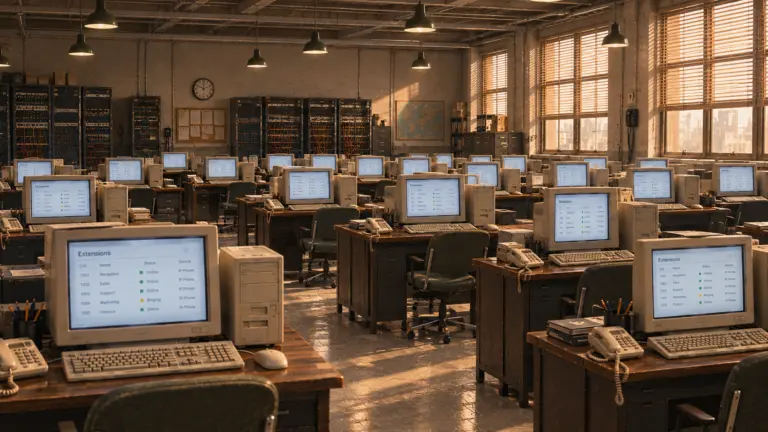 Modern office call center with agents on headsets, illustrating a cloud PBX
