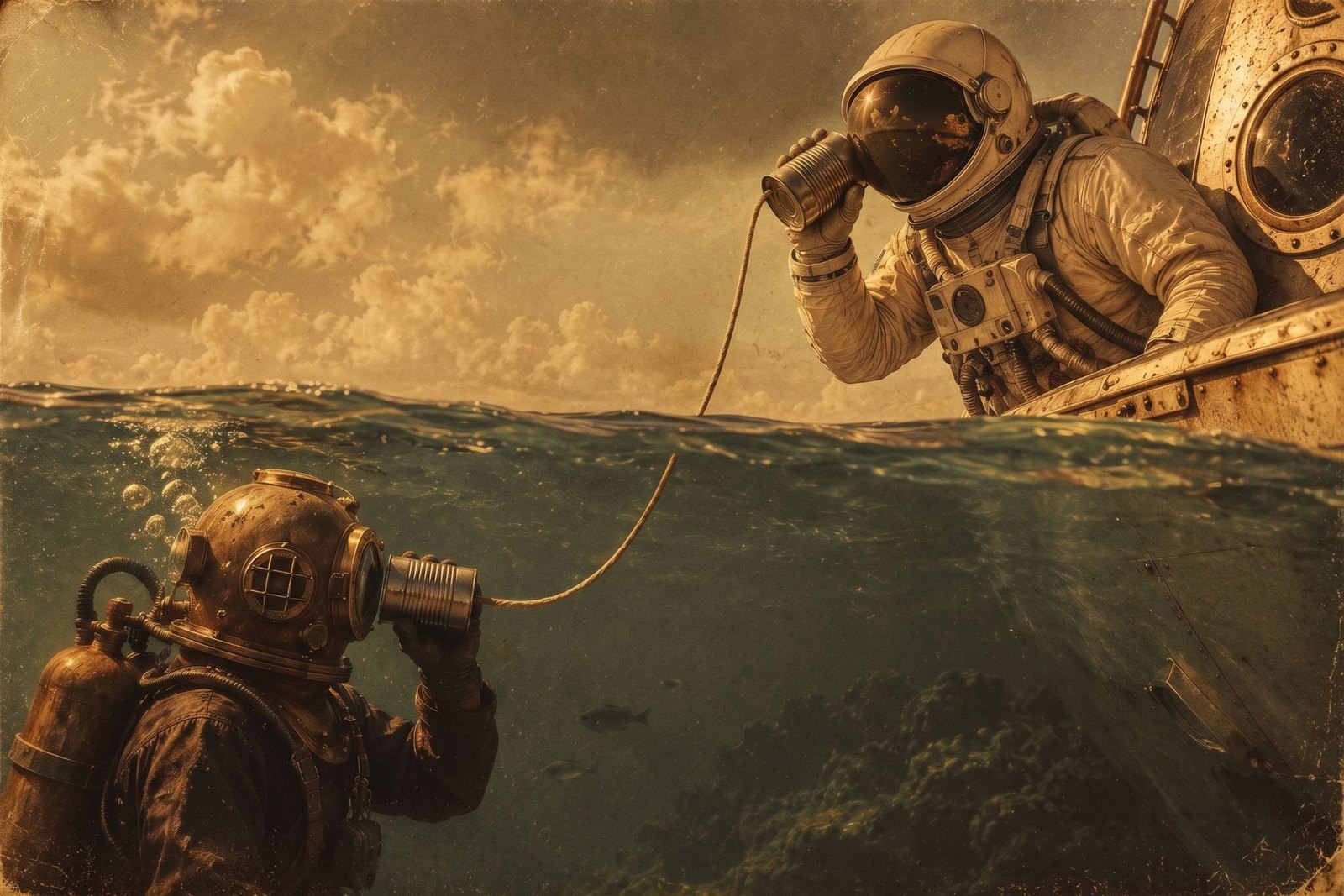 A vintage deep-sea diver and an astronaut talking over a tin-can phone